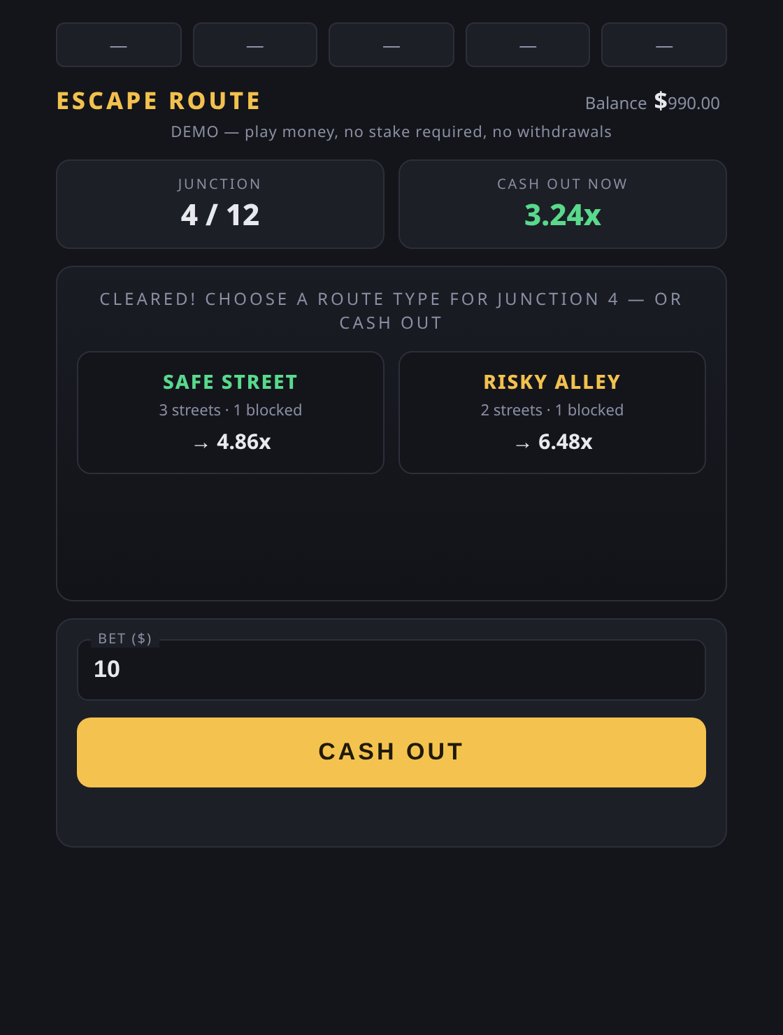 Escape Route prototype at junction four of twelve, showing a 3.24x cash-out value with the Safe street and Risky alley choices.
