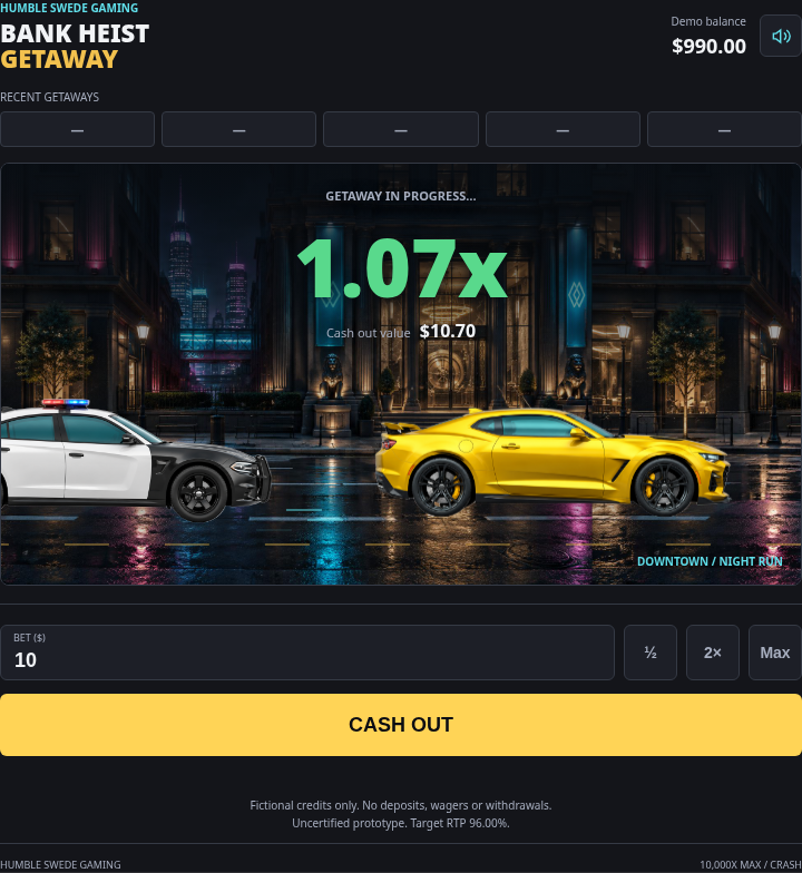 Bank Heist: Getaway mid-round, with a gold getaway coupe chased by a police interceptor through a neon-lit city.