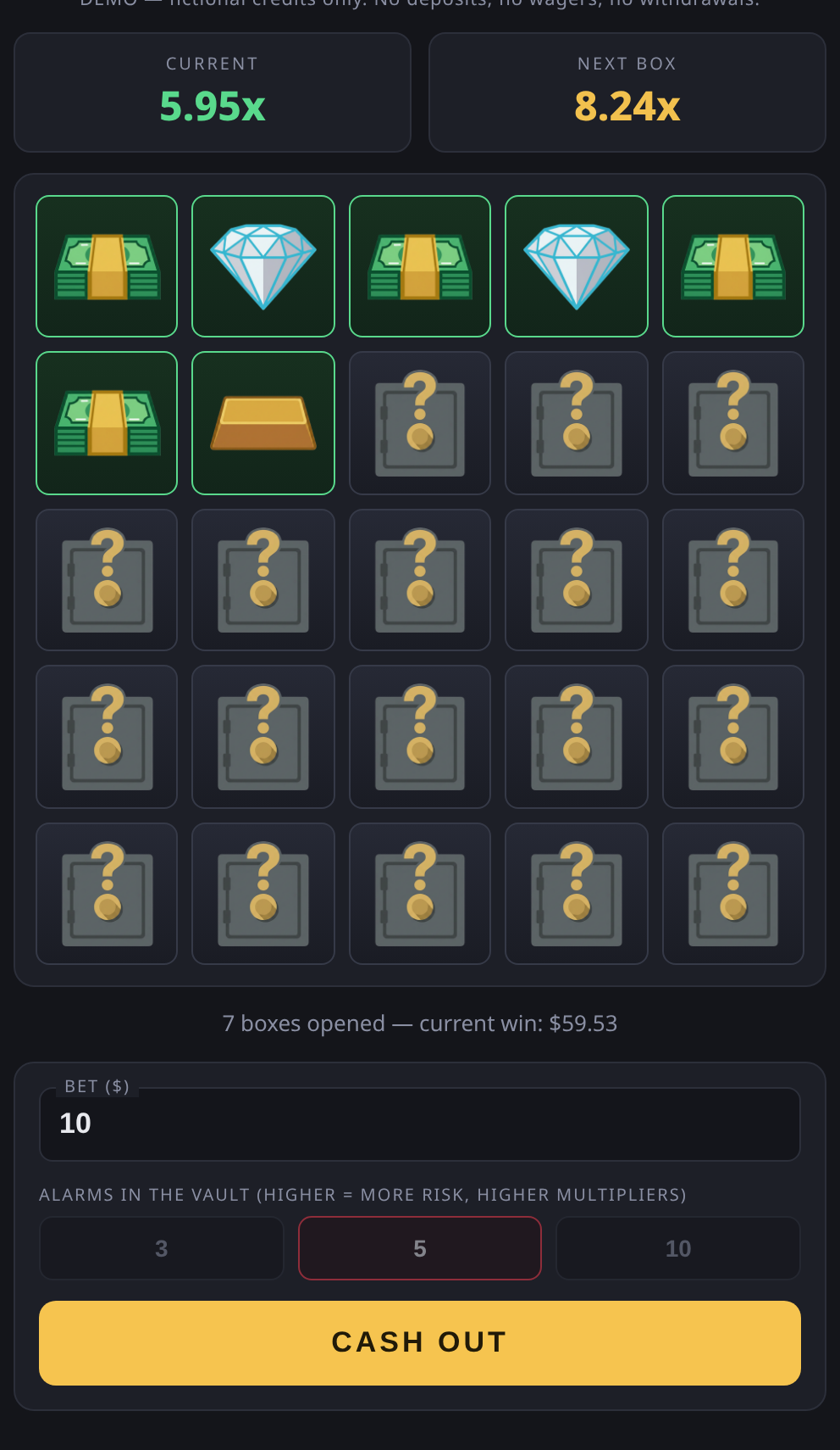 Vault Cracker prototype with four opened compartments revealing cash and the remaining grid still locked.